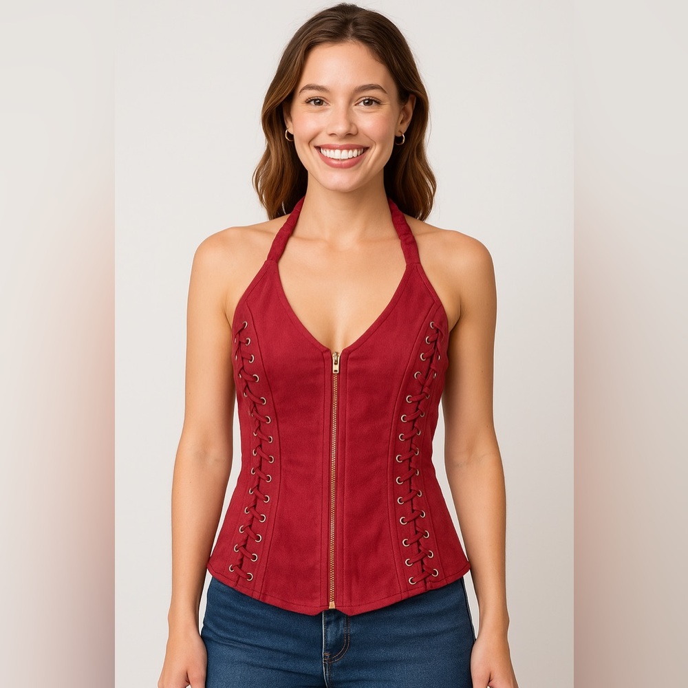 Lydia USA Red Lace-Up Zip-Front Halter Top Corset Style Size S AR17